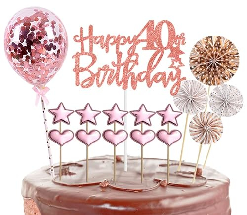 16Pcs Happy 40th Birthday Cake Topper Rose Gold for Men&Women,Glitter personalised Cake Topper Cupcake Toppers,Cake Toppers Kit 40th Birthday Cake Decorations,Happy Birthday 40th Sign for Cake
