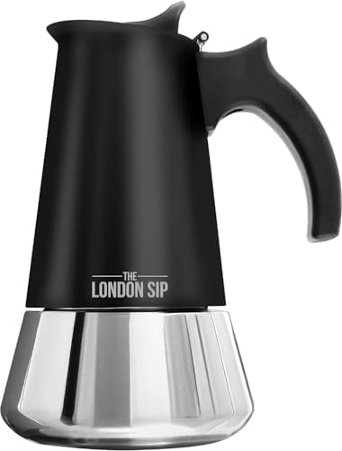 The London Sip Moka Pot, Stovetop Coffee Maker, Italian Style Espresso Maker, Stainless Steel, Induction Compatible, Modern Chrome, Black, 6 Cup (300 ml)