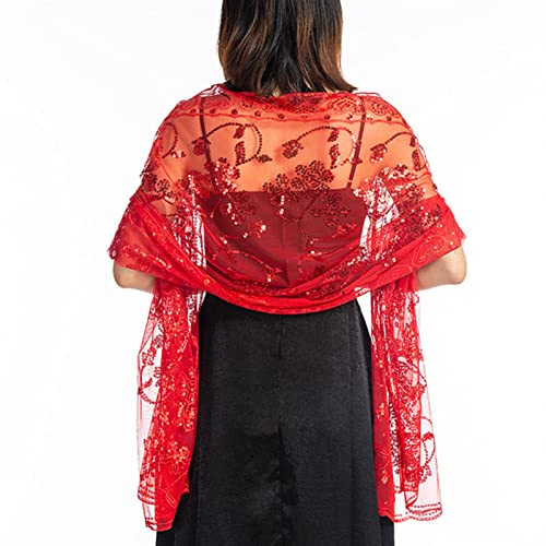 GIBZ Damen Bestickt Glitzer Schal Dünn Vintage Floral Stola Wraps mit Pailletten für Hochzeit Abendkleider, Rot