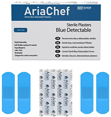 Ariachef Sterile Blue Waterproof 7.2cm X 1.9cm Plasters Pack of 100, for Catering and First Aid - Strong Adhesion Detectable Plasters - Protects Cuts from Dirt - Ideal for Kitchens