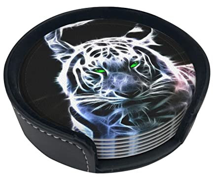 Grünäugiger Tiger-Untersetzer, 6 Stück Leder-Untersetzer, für Getränke, saugfähig mit Aufbewahrungsbox