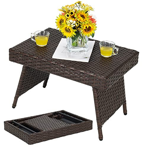 RELAX4LIFE Folding Rattan Table, Small Wicker Side End Table, Portable Bistro Coffee Table for Garden Patio Poolside (with Adjustable Foot Pads)