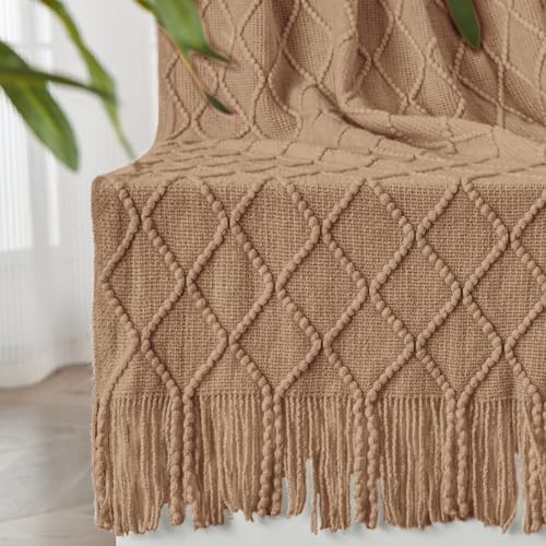 inhand Knitted Throw Blankets for Couch and Bed, Soft Cozy Knit Blanket with Tassel, Khaki Lightweight Decorative Blankets and Throws, Farmhouse Warm Woven Blanket for Men and Women, 60x80