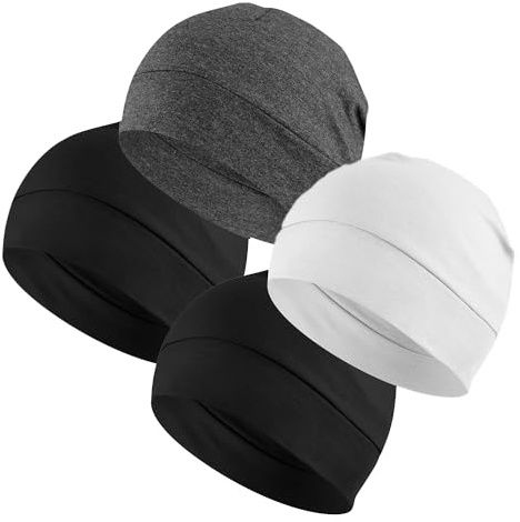 Headshion Bomullsmössor för män och kvinnor, 2-pack lätta sovmössor för sömn, ventilerande foder, 4 svart och grå och svart och vit, one size