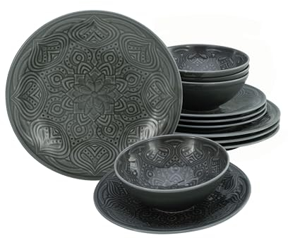 CreaTable, 21626, Série Orient Mandala Pierre, ensemble de vaisselle de 12 pièces, service de plats en porcelaine.