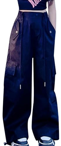 Pantalon Cargo Enfant Fille 4-13 Ans Militaire Pantalon Cargo Baggy Fille Jambe Large Taille Elastique Chic Confortable Pas Cher Sport Casual Vacances Jogging Streetwear (Noir, 12-13 Ans)