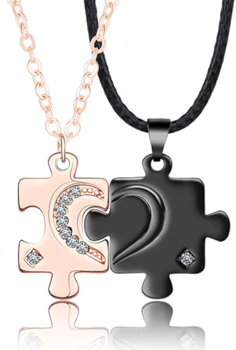 SCJJZ Colliers pour femme,Collier de couple puzzle d'amour, collier de bon ami (or rose + noir)