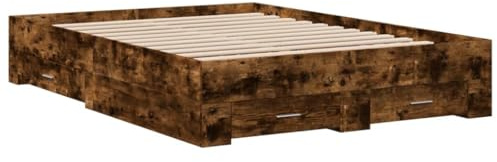 vidaXL Bettgestell, Bett mit Schubladen, Bettrahmen mit Sperrholzlatten, Doppelbett für Schlafzimmer, Schubladenbett, Räuchereiche 120x200cm Holzwerkstoff