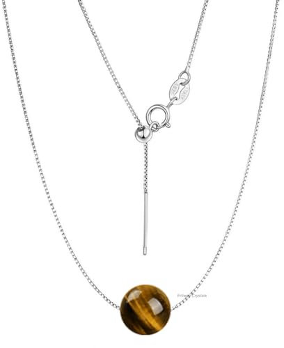 Erliway Halskette mit Tigerauge-Kristall-Anhänger für Damen, 925er Sterlingsilber-Kette mit 10 mm A+ Grade Kristallperle, 45cm verstellbare Länge Heil-Halskette Schmuckgeschenk für Frauen Mädchen