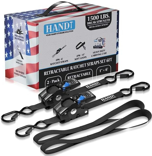 HandT USA Based Retractable Ratchet Straps (2PK) 1in x 6ft - 1,500lb Break Strength, Heavy Duty Automatic Ratchet Straps Self Retractable Tie Down, Push Button Retracting Truck Trailer Cargo | Black