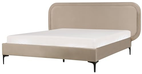 Polsterbett Samt beige taupe Lattenrost 140x200 cm hohes Kopfteil Suzette
