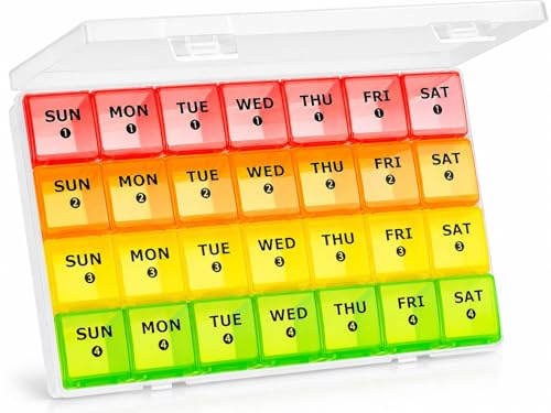 Mossime Pill Box Organiser 4 Week, 28 Day Tablet Box, Red | 4 removable weekly trays, 7-day rows, 4 sections per day, large compartments, outer storage case