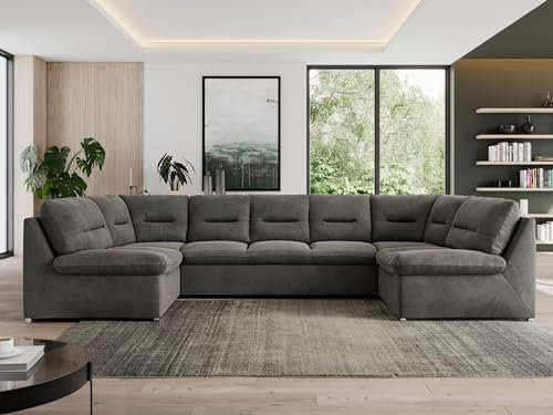 MKS MEBLE Sofa XXL U-Form, Wohnlandschaft U Form mit Schlaffunktion, Sofa mit Schlaffunktion, Schlafsofa, Wohnzimmer Couch mit schlaffunktion - Morbido U - Dunkelgrau Velvet
