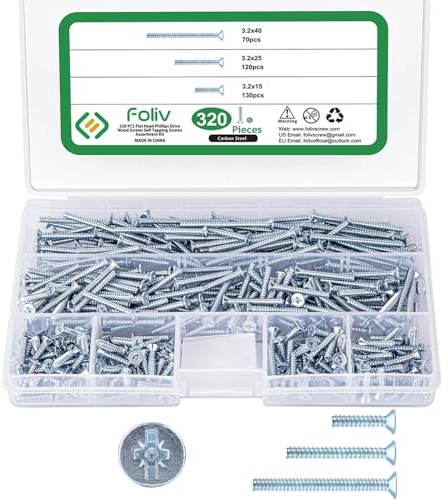 Foliv 320 Stück Geräteschrauben für Schalterdosen, Senkschrauben Sortimentsbox Ø 3,2x15mm, 3,2x25mm, 3,2x40mm, Maschinenschrauben aus Stahl Verzinkt mit PZ1/Schlitz Für Reparatur instabiler Steckdosen
