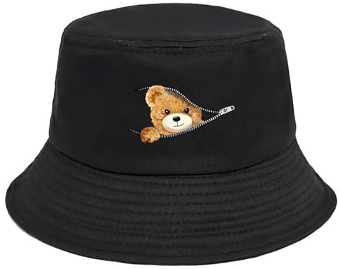 Malaxlx Damen Bär Schwarz Fischerhut Bucket Hat Anglerhut Sonnenhut Fischerhüte Sommerhut Faltbarer Strandhut Draussenhut
