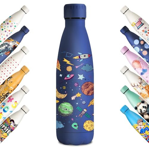 KollyKolla Edelstahl Trinkflasche 500ml, 3D-Druck Trinkflasche, Trinkflasche Sport, Trinkflasche Kohlensäure Geeignet, Auslaufsicher Thermoskanne, BPA-Frei, Trinkflaschen für Kinder, Schule, Sport