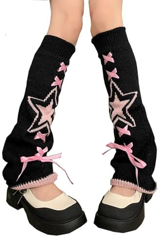 XEPST Stulpen Damen Lose Gestrickte Beinwärmer für Damen, Y2K Japanische Lolita Beinstulpen Lange Socken Kawaii Häkeln Beinwärmer 80er Harajuku Gestrickte Warme, Rosa Pentagramm-Muster
