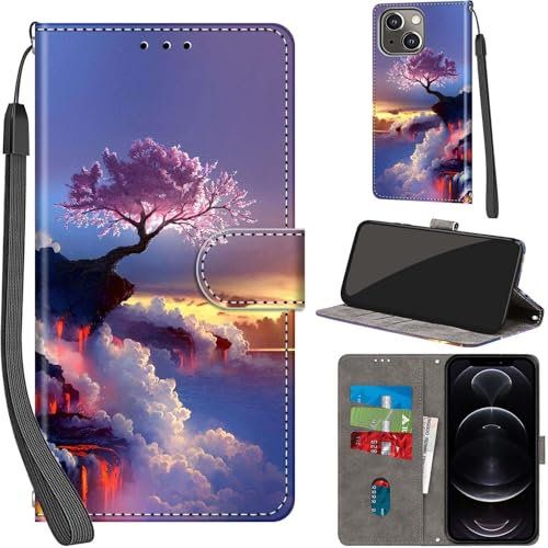 For iPhone 13/14 Leather Wallet Case,Flip Protective Book Cover with Card Holder,Stand Wrist Strap Magnetic Flip Cover Compatible with for iPhone 14 Case -Mountain