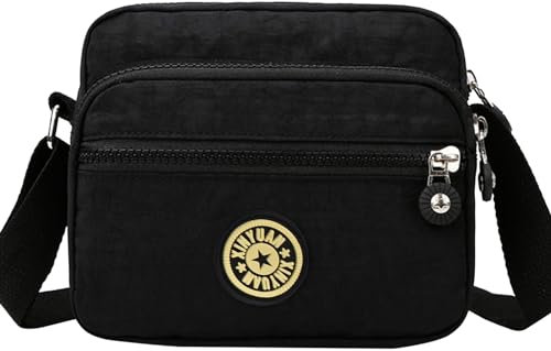 KYSUN Crossbody Bag Damen Umhängetasche Leichte Sportlich Umhängetasche Mädchen Nylon Umhängetasche Mittelgroß Crossbag Damen Breiter Gurt Geschenk für Einkaufen, Reisen, Schule (Schwarz 24 * 17 cm)