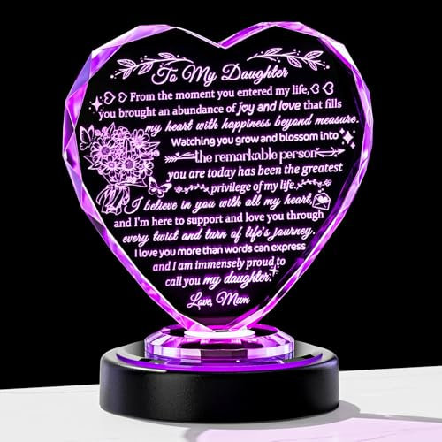 Crystal Daughter Gifts from Mum & Dad - Engraved Special Birthday Gifts with Colorful Lights Base Glass Heart Ornament for Daughter's Christmas & Graduation