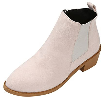 Stivali corti da donna, alla moda, in pelle scamosciata, a punta, con cerniera laterale, tacco spesso, stivali bassi da donna, Beige, 39.5 EU