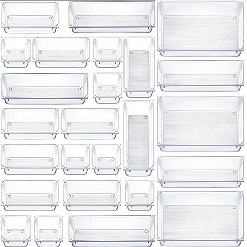 Pangutiandi 25Pack Desk Drawer Organiser System Versatile Makeup Organiser Tray Storage Box Plastic 4 Size Drawers Divider for Desk,Makeup,Utensils,Jewelries,Gadgets,Kitchen,Bedroom