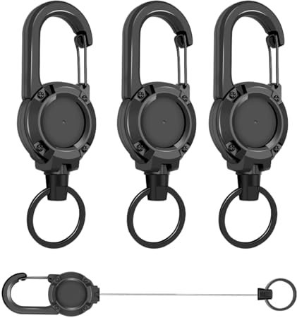 3 pièces porte-badge mousqueton robuste,Porte Clef Enrouleur Cable Acier 60cm, Porte-clés Rétractable Robuste