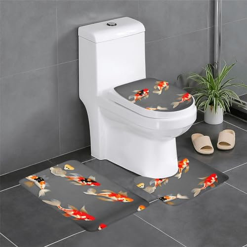 MDATT Traditionelle Koi-Karpfen mit Punkten, Weihnachts-Badezimmerteppich, Geschenk-Set, 3-teilig, Badematten für Badezimmerboden, mit U-förmigem WC-Vorleger