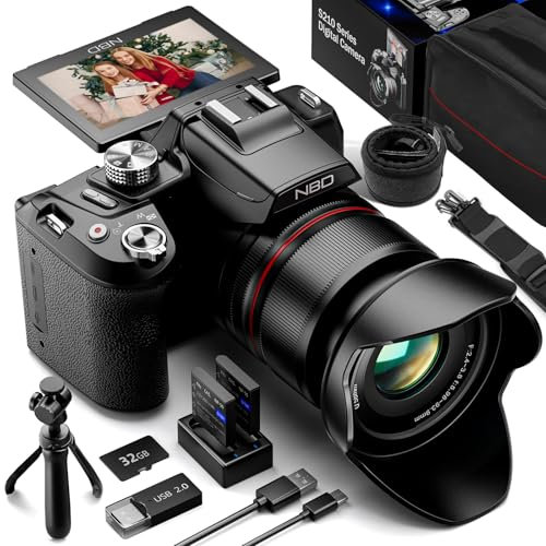 5K&64MP Digital Cameras for Photography, 16X Optical Zoom Camera with WiFi, Vlogging Camera for YouTube with 180°Flipable 3-inch Screen, Auto Focus,2 Batteries,Strap & 32GB Card (Black)