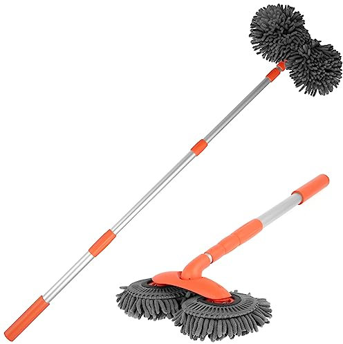 Car Wash Mop with 80-135CM Retractable Long Handle Double Head Car Wash Mop 360° Rotating Car Washing Brush Microfiber Windshield Cleaning Brush Caravan Accessories for Car Window Cleaning