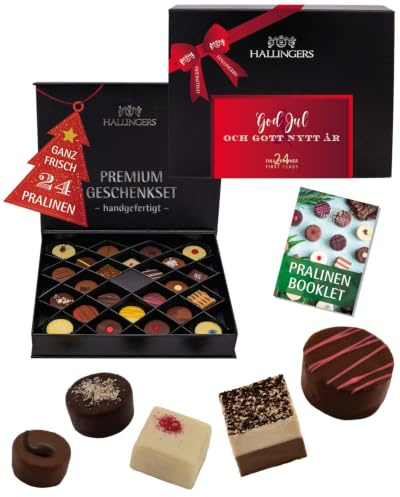 Hallingers Genuss Manufaktur Pralinen Weihnachts-Geschenk - ohne Alkohol, handmade aus Confiserie-Edelkakao in wertiger FirstClass-Geschenkbox God Jul och Got..., Weihnachten Svenska