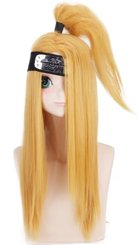 Windskids Deidara Cosplay Perücken Herren Golden Gelb Lange Gerade Pferdeschwanz Kunsthaar Perücke und Stirnband Verkleidung Ninja Deidara Halloween Karneval Party Performance Kostüm Zubehör Anime Wig