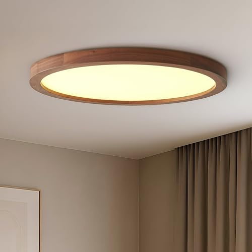 LoryLAB LED-Deckenleuchte 42cm, handgefertigtes Walnussholz im Wabi-Sabi-Stil, 37W LED mit 3 Farbtemperaturen, ultraflach 2,5cm für Schlafzimmer, Küche, Flur. Einfache Montage