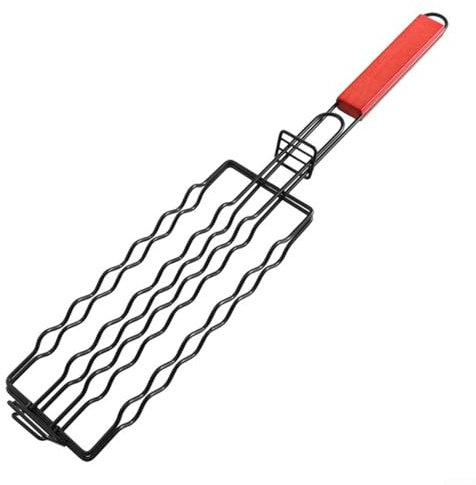 Springwillfly Hot Dog Grilling Basket With Wooden Handle, BBQ Sausage Holder,Nesting Grill Baskets 304 Stainless Steel,48.5x9cm For Outdoor Picnic Barbecue BBQ
