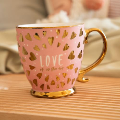 Love is in The Air Ceramic Mug 400ml Romantic Gold Finish Coffee Cup, Assorted Modern Designs, Glossy Gift Mug for Tea or Hot Drinks, Stylish Home or Office Use (Blush Pink)