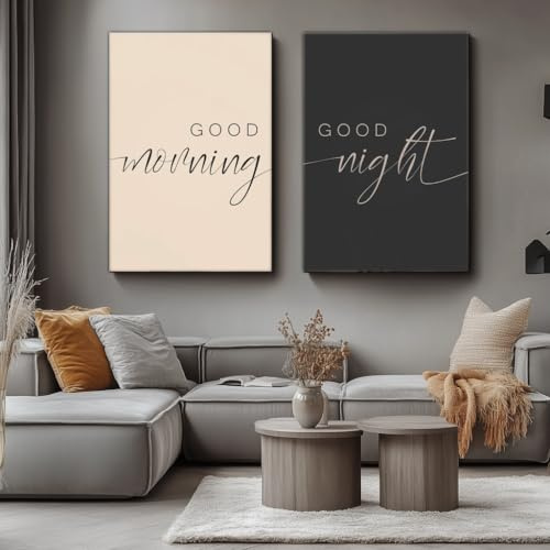 GLWDME Wandgemälde-Set im minimalistischen Stil „Good Morning, Good Night“, beige und schwarze Leinwanddrucke und Poster, Wandbilder für Wohnzimmer und Schlafzimmer（Ungerahmt）