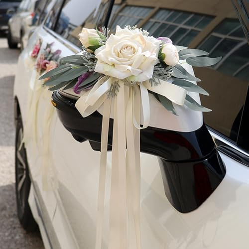 2Stück Autoschleifen HochzeitSchleifenband Hochzeit Schleifen Hochzeit Auto | Hochzeitsschleifen fürs Auto Dekorationsartikel für Autospiegel, Hochzeitsautos, Geburtstagsfeiern usw, Weiß
