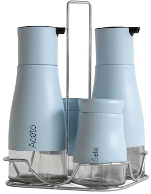 Set Condimento 4 Pezzi Olio Aceto Sale Pepe Vetro Acciaio Certificato Per Alimenti Organizzatore Acciaio Inox Con Stand In Metallo Condimenti Tavola Oliera Saliera - Azzurro