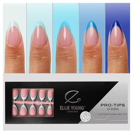 Ellie Young PRO-TIPS 150pcs Blue Pastel Short Almond French Nail Tip, 15 Sizes Press-On Nails, Gel Acrylic Nail Extensions for Easy DIY ((ONLY NAILS) Short Almond)