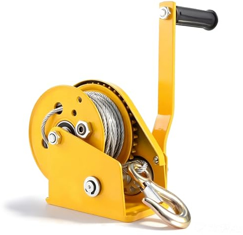 Handseilwinde Set, Hand Seilwinde mit Bremsfunktion Zugkraft Horizontal 545 kg, Zugkraft vertikal 150 kg Handwinde mit 10m Drahtseil und Haken Forstseilwinde Bootswinde für Ziehen und Heben
