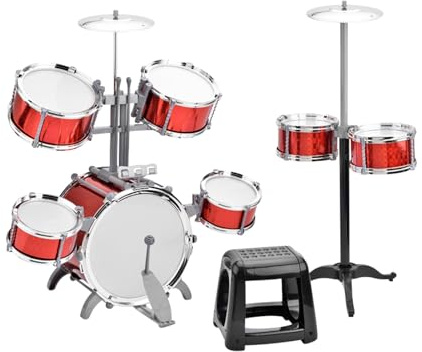 RASTKY Dynamisches Jazz-Schlagzeug-Set, 7 Trommeln, Hocker, Musik-Percussion, Robust, Langlebig, Einfache Montage für Anfänger, Farbe Rot/Blau, Kunststoff, 23,8 Zoll, 9,3 (Rot)