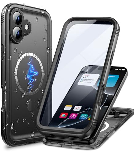 Cozycase TOP Full Waterproof 360 Military Case for iPhone 16, Black | Magnetic for Magsafe, With HD Screen Camera Protector, Heavy Duty Protective Shockproof, Double Hard Tough Front Back Cover