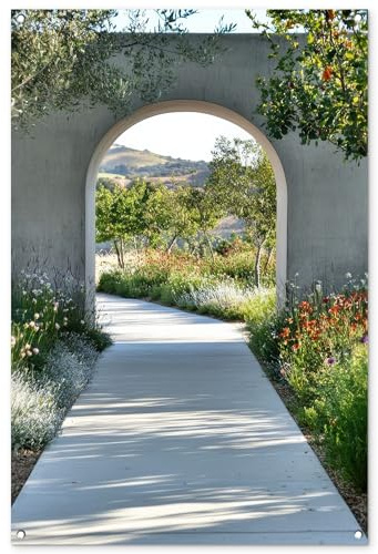 MuchoWow© Gartenposter Outdoor Bilder Gartendeko für draußen Wetterfest | 80x120 cm - Garten Deko Banner Draußen Bild Garden Decoration Durchblick - Weg - Beton - Landschaft