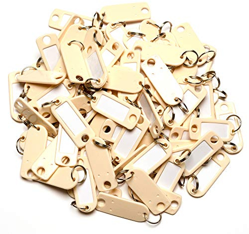 van den Heuvel Schlüsselanhänger beige | 100 Schlüsselanhänger Rohlinge zur Beschriftung | Schlüsselschild mit Ring zum Beschriften und Auswechseln | extra stabile Schlüssel Beschriftungsschilder