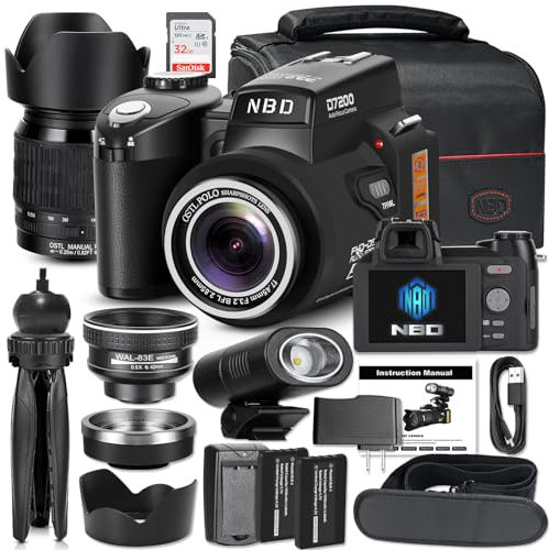 NBD Digitale Spiegelreflexkamera, 33 MP, HD1080P Vlogging-Kamera mit 24-fachem Teleobjektiv, 0,5-fachem Weitwinkelobjektiv und LED-Licht, die beste Kamera für Anfänger (schwarz)