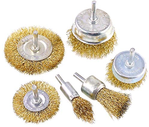 Swpeet Lot de 6 brosses métalliques avec revêtement en laiton avec tige de 6,35 cm, 6 tailles pour perceuse à fil revêtu Idéal pour enlever la rouille/la corrosion/la peinture