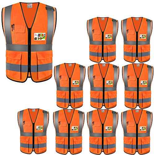 zojo Warnwesten mit Taschen für Arbeiten im Freien, Radfahren, Joggen, Walking, Sport, passt für Männer und Frauen (10 Stück, XL-Neonorange)