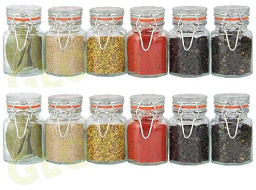GLOW Set of 12 Glass Spice Jars – Stylish Pack of Mini Clip Top Sealed Lid Kitchen Storage Containers for Herbs Spices Seasoning Jams Preserves – Easy Clean 70ml Pots with Sticky Labels Included