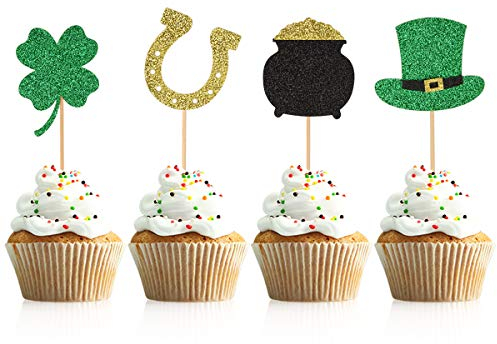 Donoter 36 Stück glitzernde Kleeblatt-Cupcake-Topper, vierblättriges Kleeblatt-Kuchenspieß für St. Patrick's Day-Party-Dekorationen
