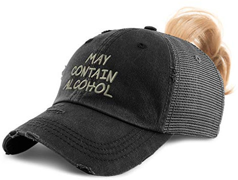 Individuelle Damen-Pferdeschwanz-Kappe kann Alkohol-Stickerei Baumwollband Verschluss enthalten, Schwarzes Design., Einheitsgröße